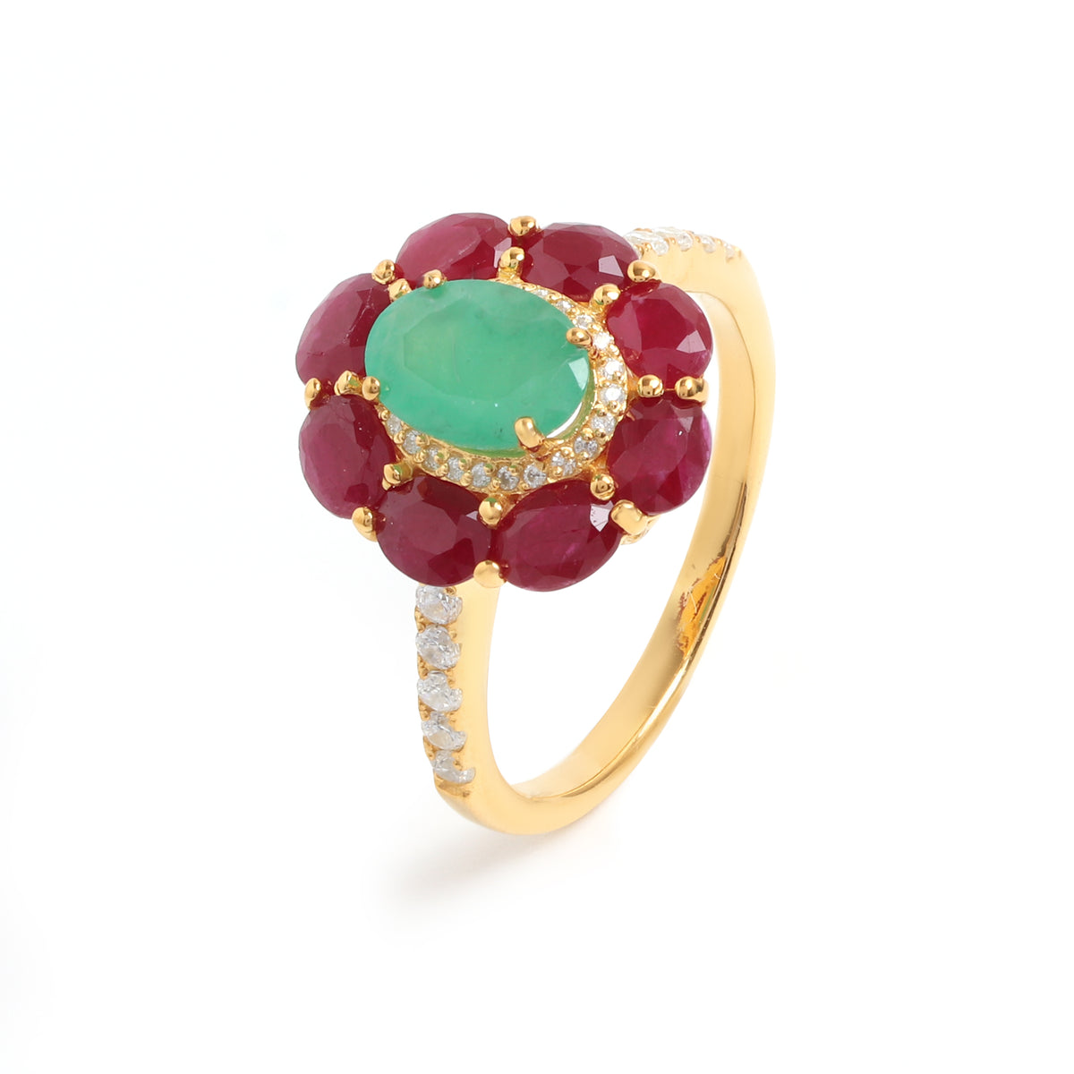 Emerald & Ruby Flower Halo Ring in 18K Gold-Plated Sterling Silver