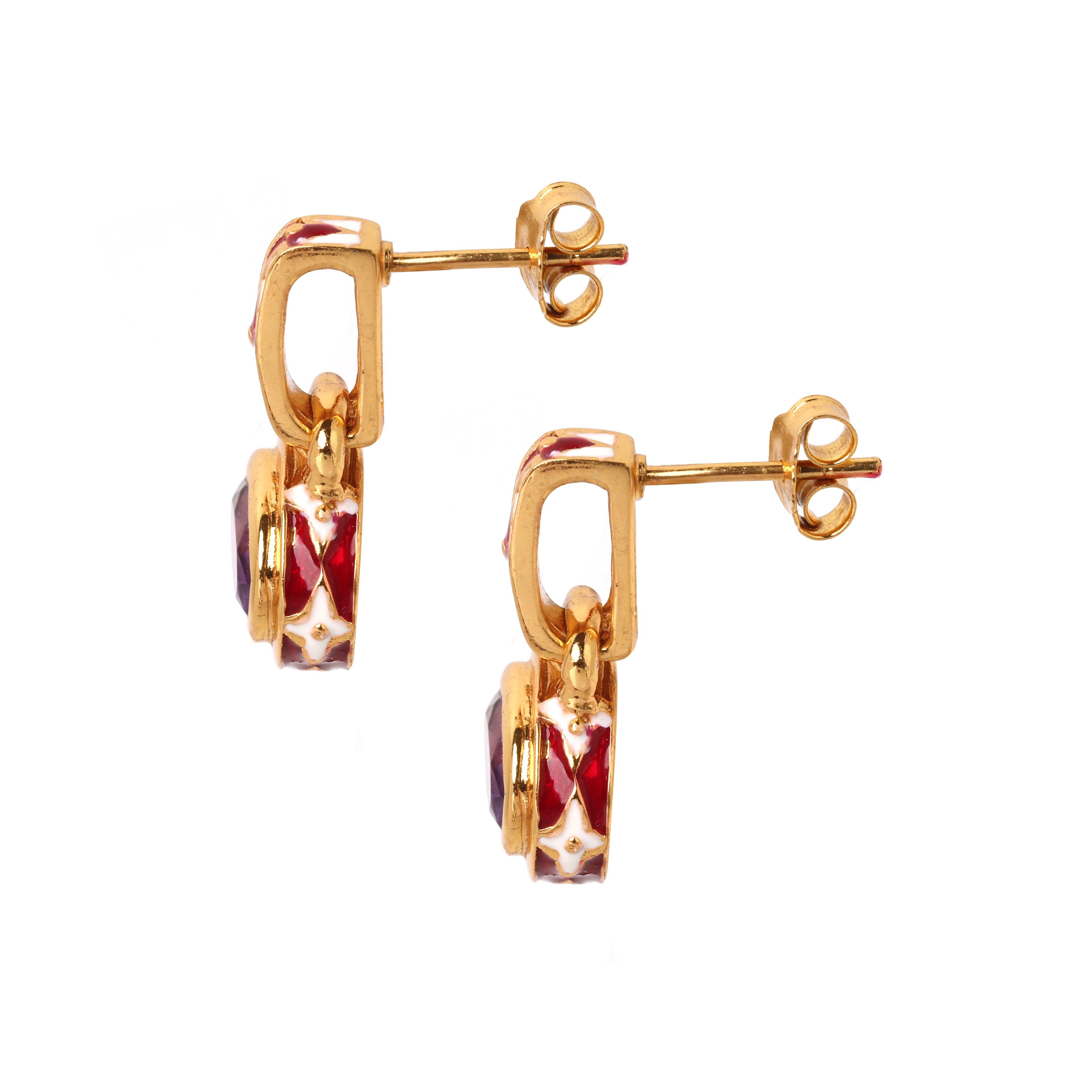 Purple amethyst gemstone earrings with decorative enamel accents