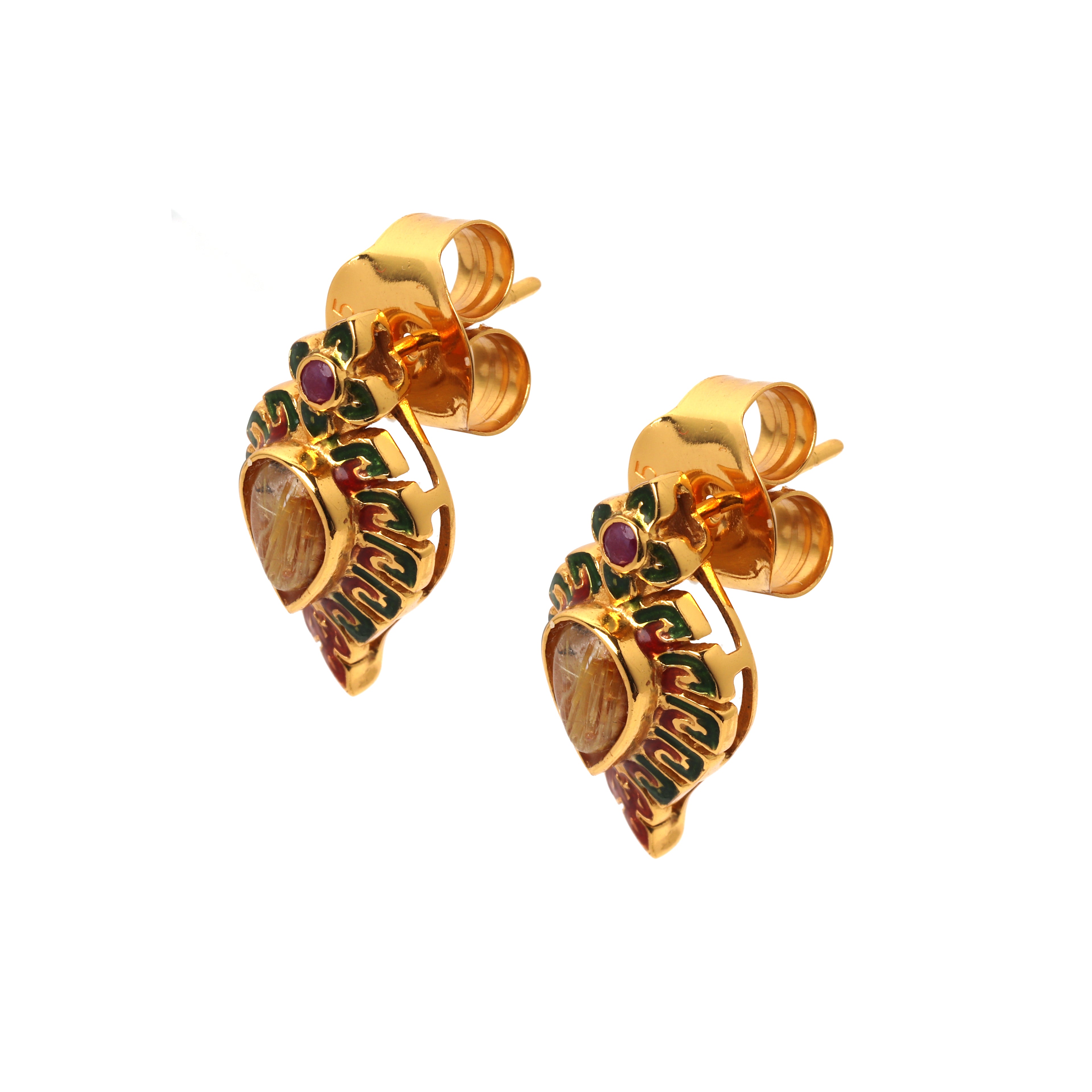 Leaf inspired quartz gemstone earrings with ruby accents