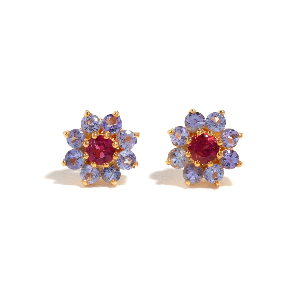 Pink Tourmaline & Tanzanite Duo Stud Earrings in 18K Gold-Plated Sterling Silver