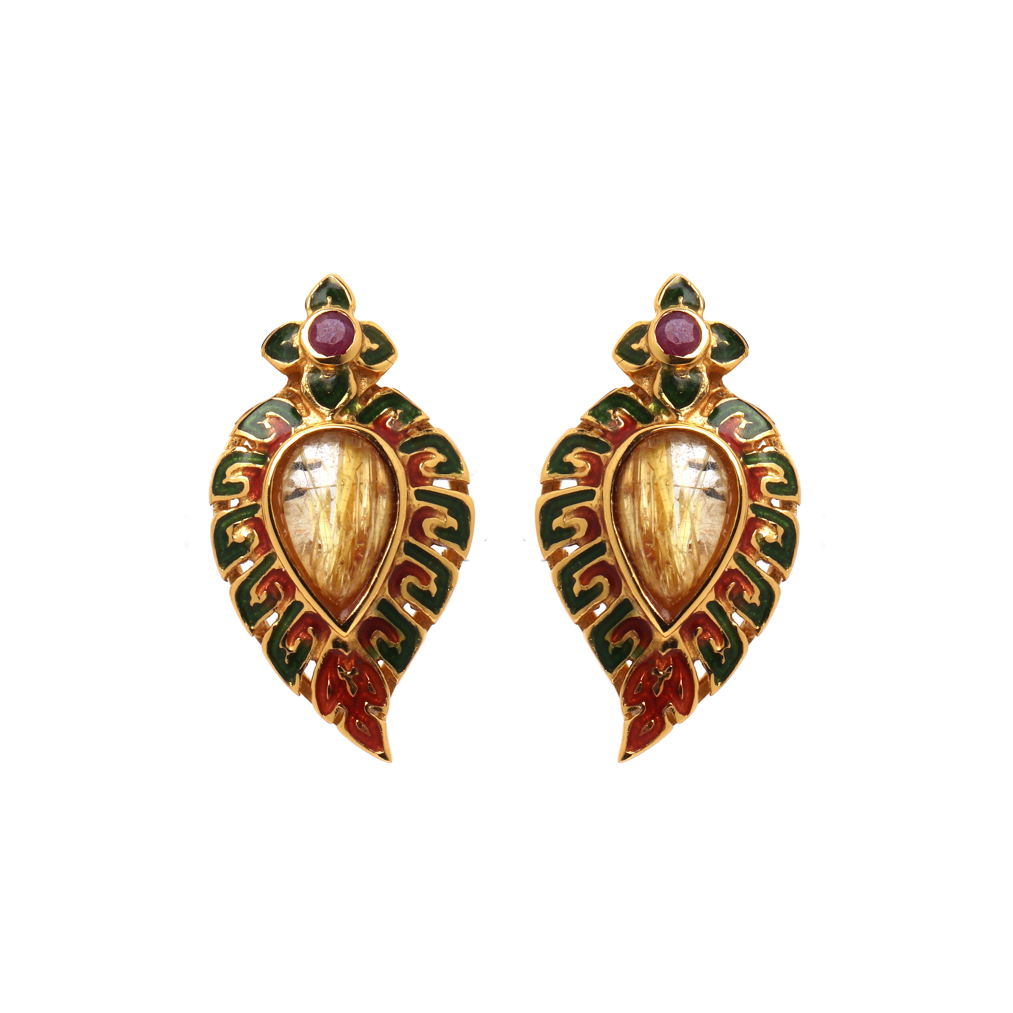 Natural quartz and ruby earrings in 14K gold plated sterling silver