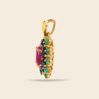 Ruby flower cluster pendant with sapphire and emerald in gold — side view