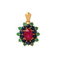 Ruby sapphire and emerald flower cluster pendant in 18K gold plated sterling silver by Jewelry By Crimson
