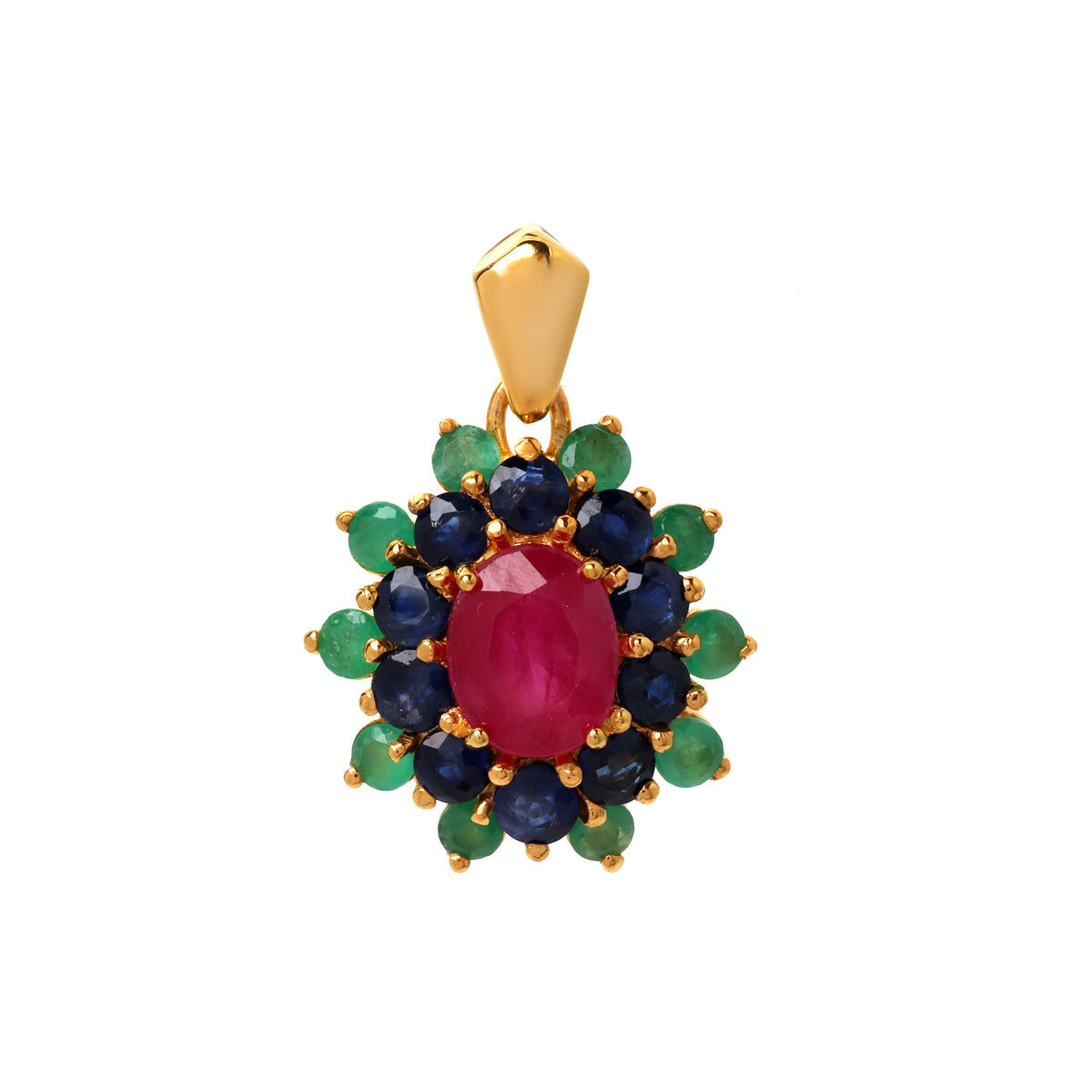 Ruby sapphire and emerald flower cluster pendant in 18K gold plated sterling silver by Jewelry By Crimson