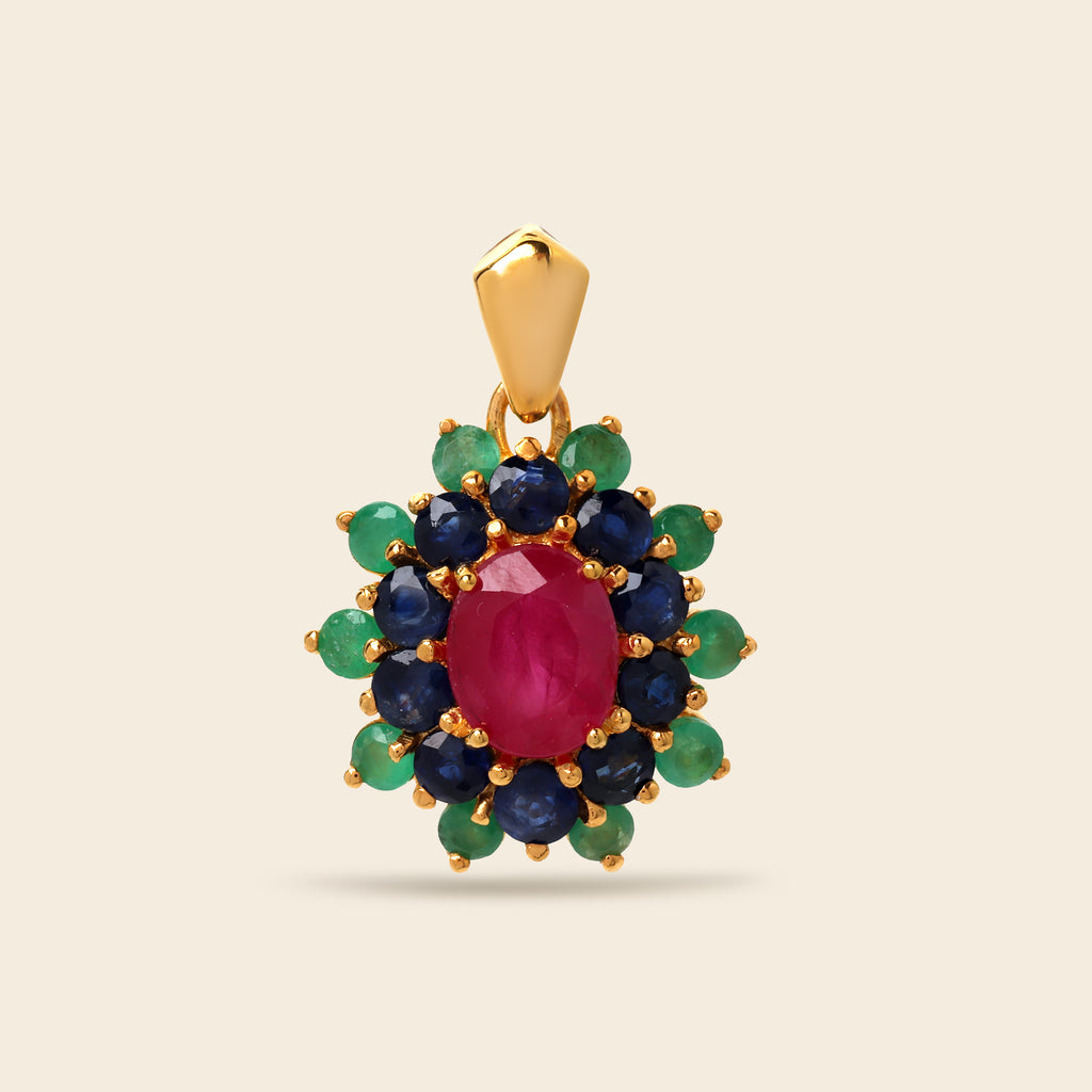 Multi gemstone flower cluster pendant in 18K gold — detail view