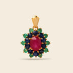 Multi gemstone flower cluster pendant in 18K gold — detail view