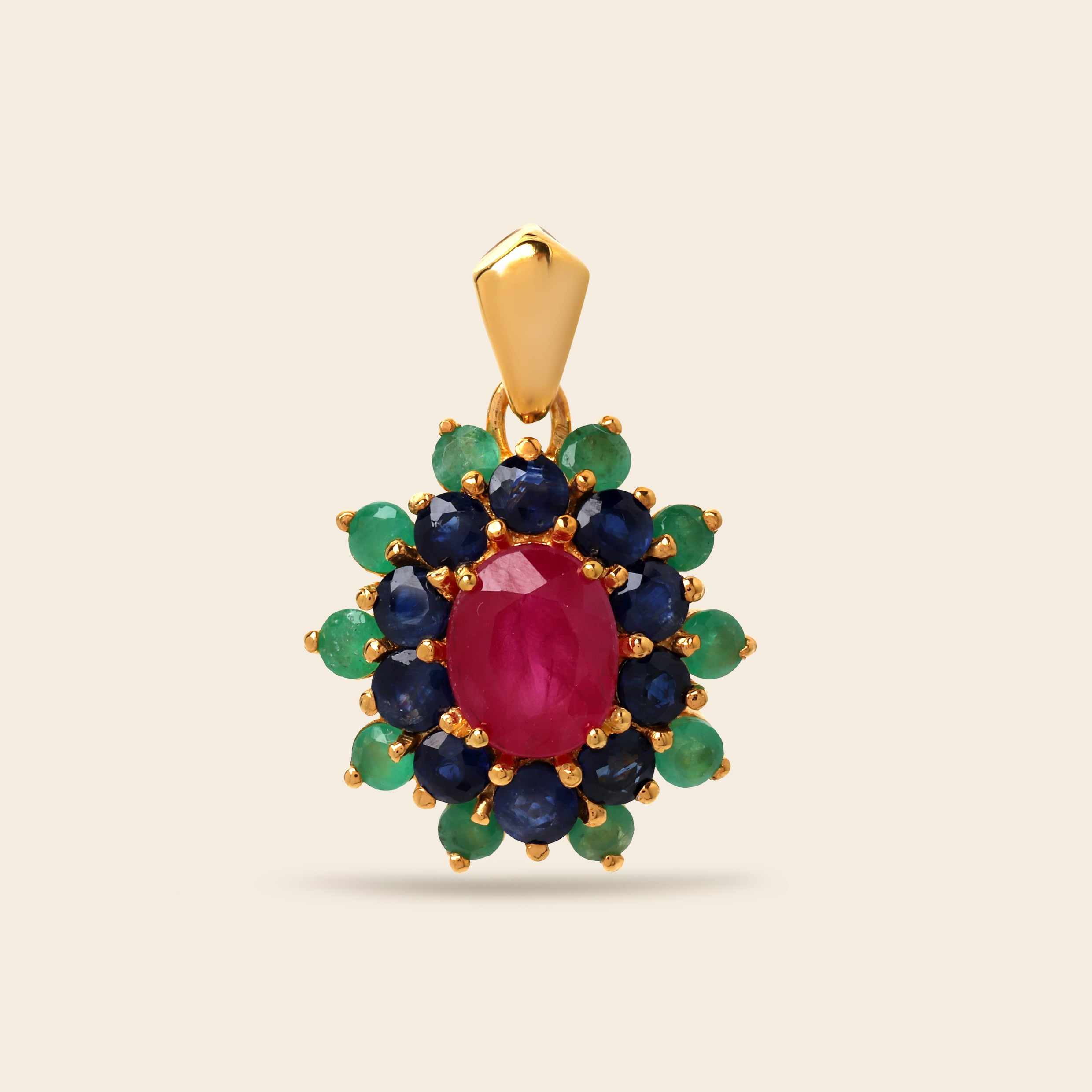 Multi gemstone flower cluster pendant in 18K gold — detail view