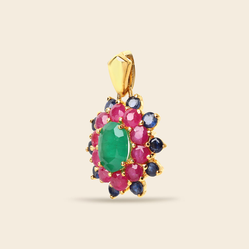 Emerald flower cluster pendant with ruby and sapphire in gold — side view