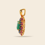 Emerald flower cluster pendant with sapphire and ruby in gold — side view