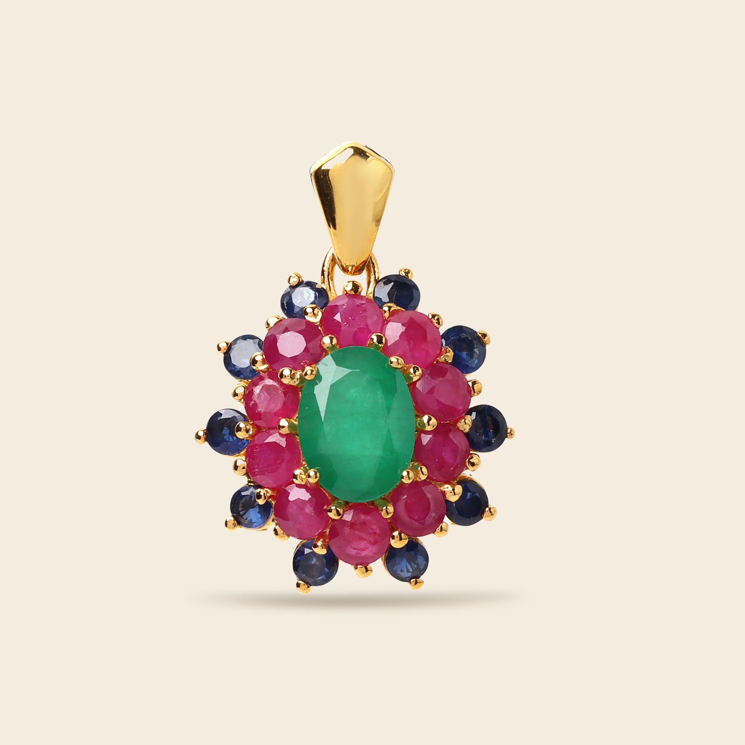 Multi gemstone flower cluster pendant in 18K gold — detail view
