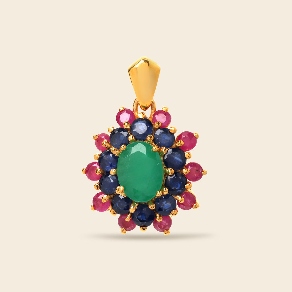 Multi gemstone flower cluster pendant in 18K gold — detail view