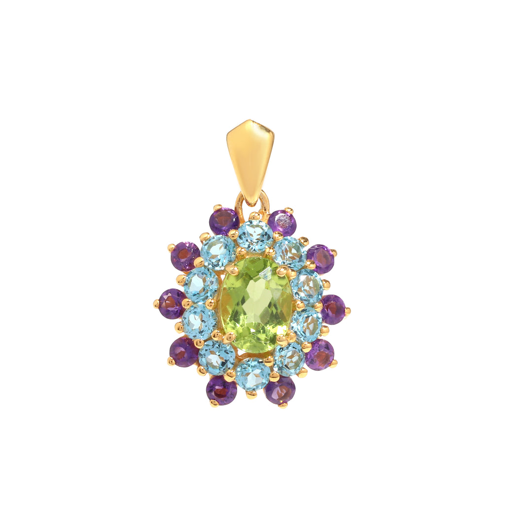 Peridot, Blue Topaz & Amethyst Flower Cluster Pendant in 925 Sterling Silver