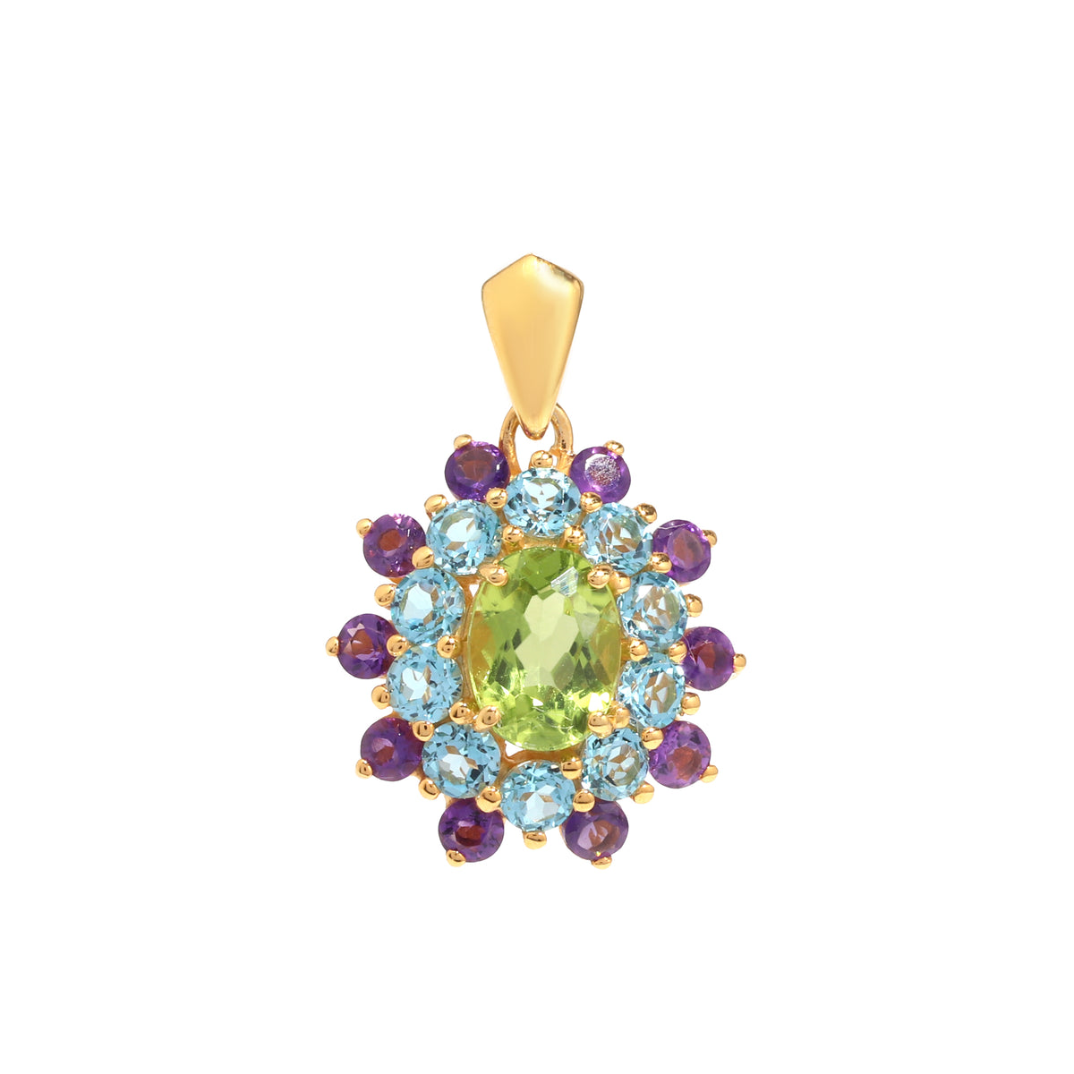 Peridot, Blue Topaz & Amethyst Flower Cluster Pendant in 925 Sterling Silver