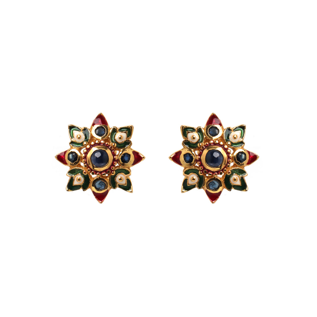Natural sapphire floral stud earrings in gold plated sterling silver