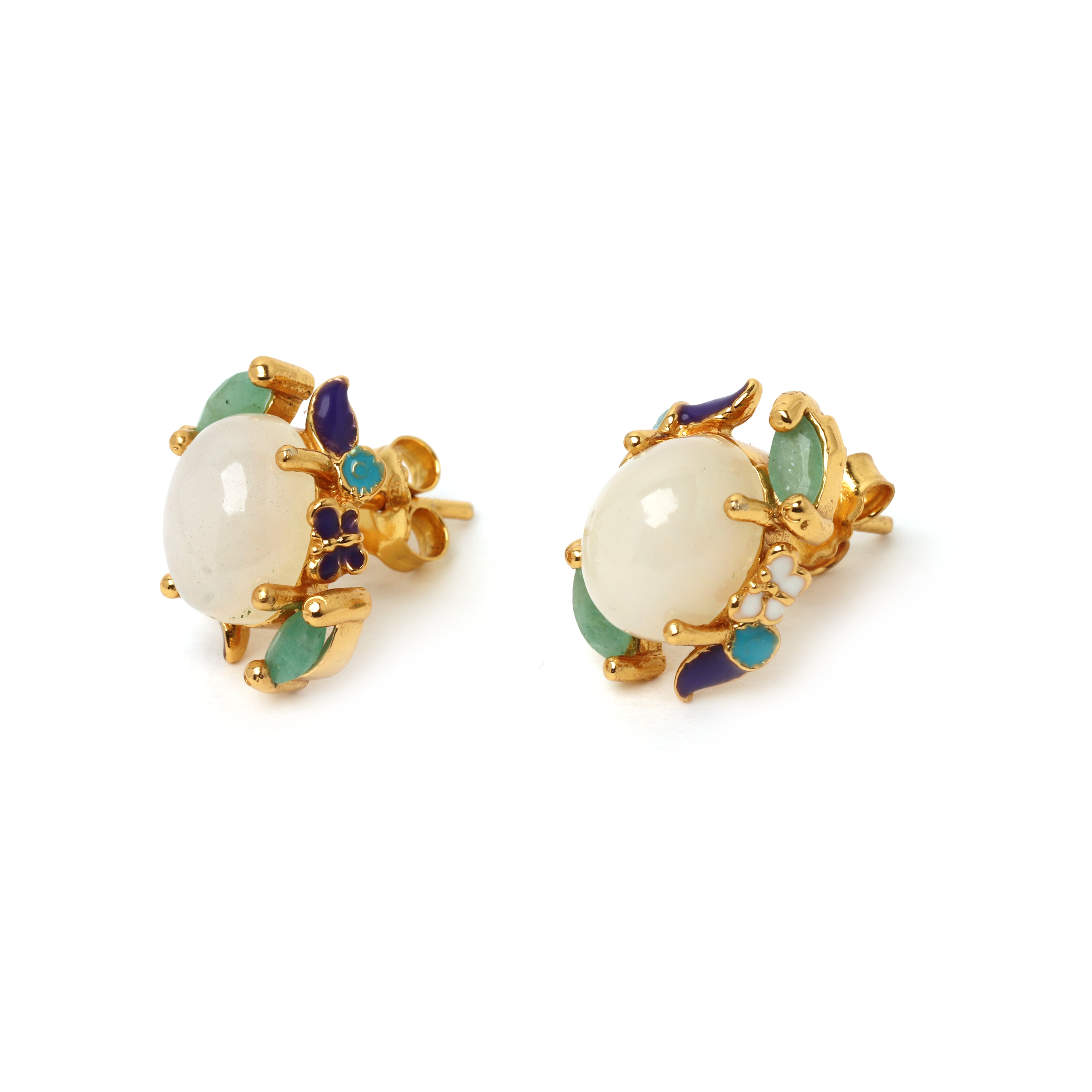 Handcrafted opal earrings featuring natural emerald details
