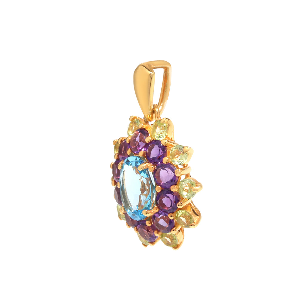 Blue Topaz, Amethyst & Peridot Flower Cluster Pendant in 18K Gold-Plated Sterling Silver