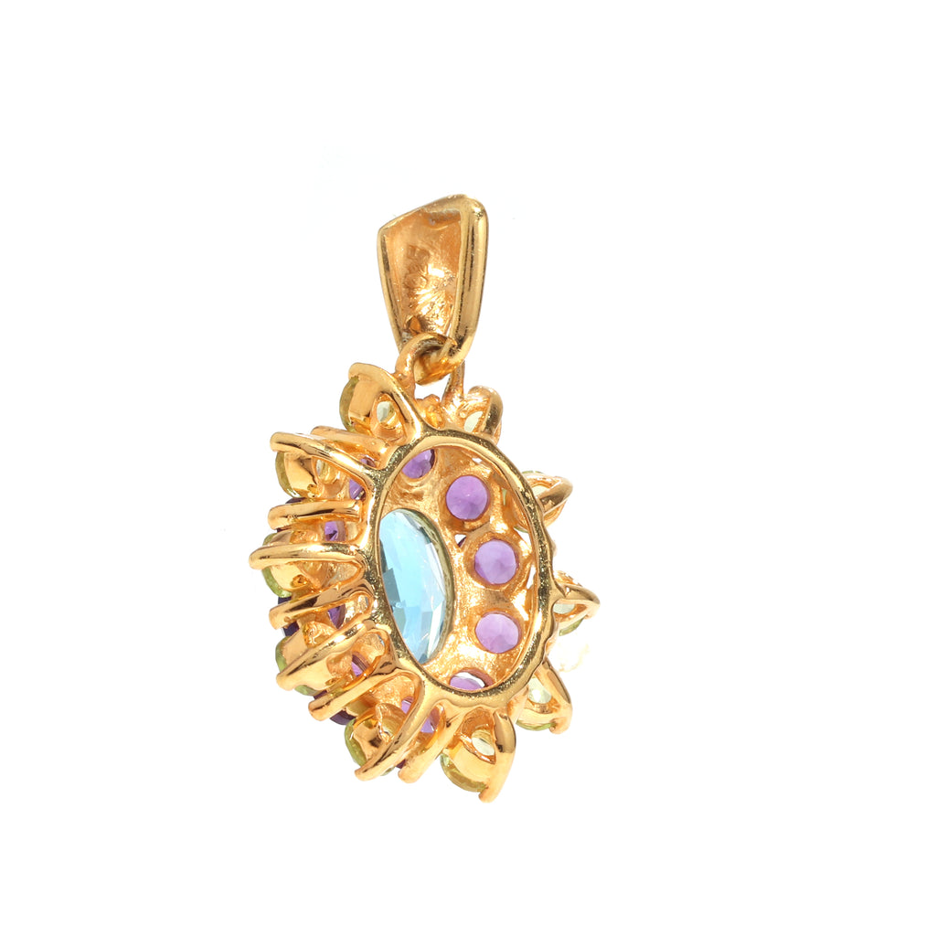 Blue Topaz, Amethyst & Peridot Flower Cluster Pendant in 18K Gold-Plated Sterling Silver