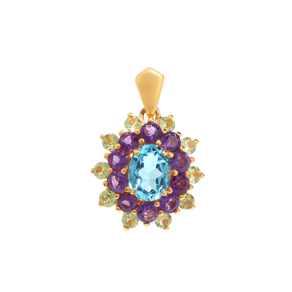 Blue Topaz, Amethyst & Peridot Flower Cluster Pendant in 18K Gold-Plated Sterling Silver