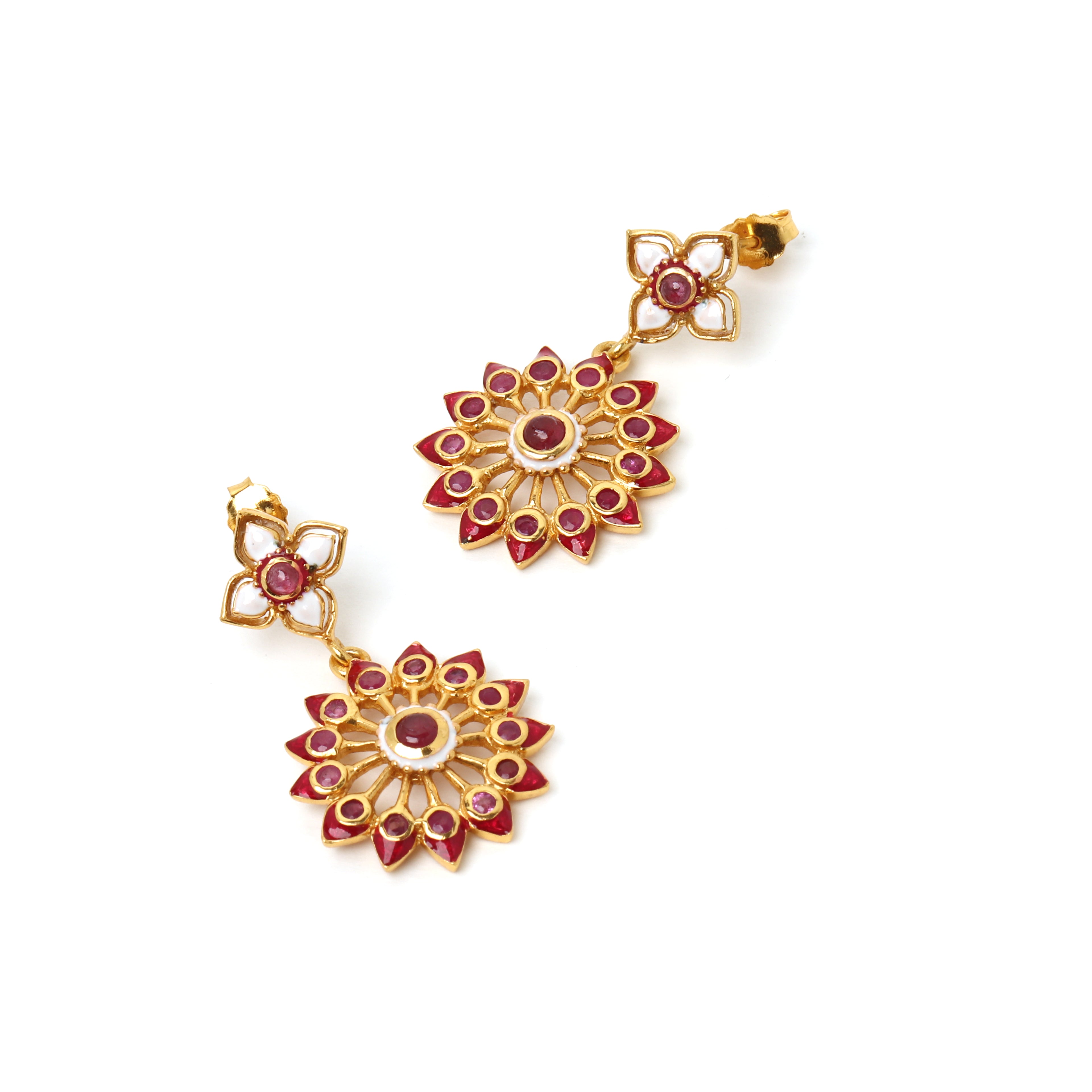 Luxury ruby statement earrings with floral artisan detailing