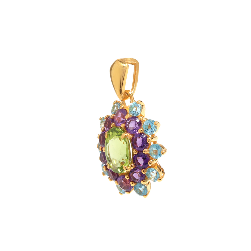 Peridot, Amethyst & Blue Topaz Flower Cluster Pendant in 18K Gold-Plated Sterling Silver