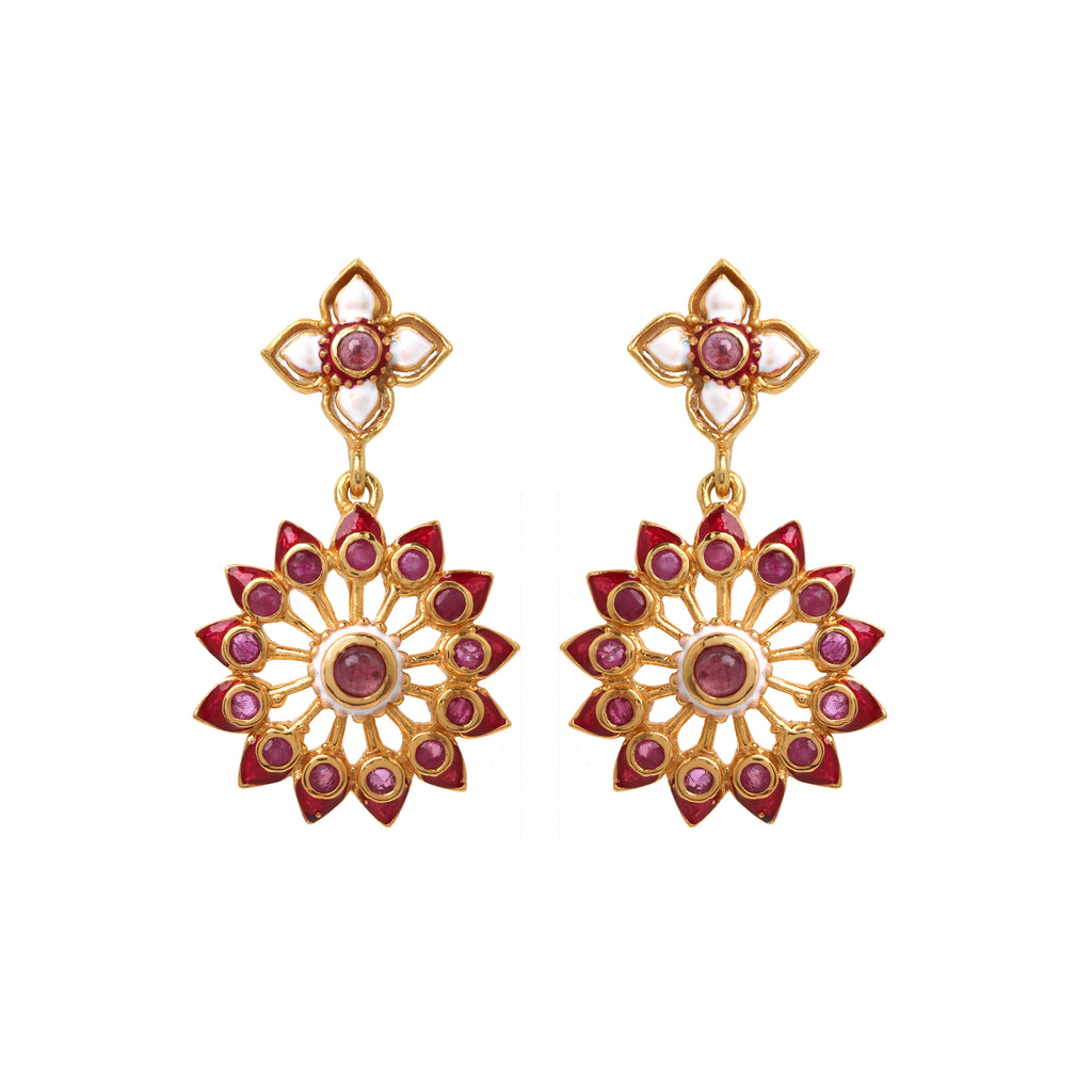 Natural ruby floral drop earrings in gold plated sterling silver