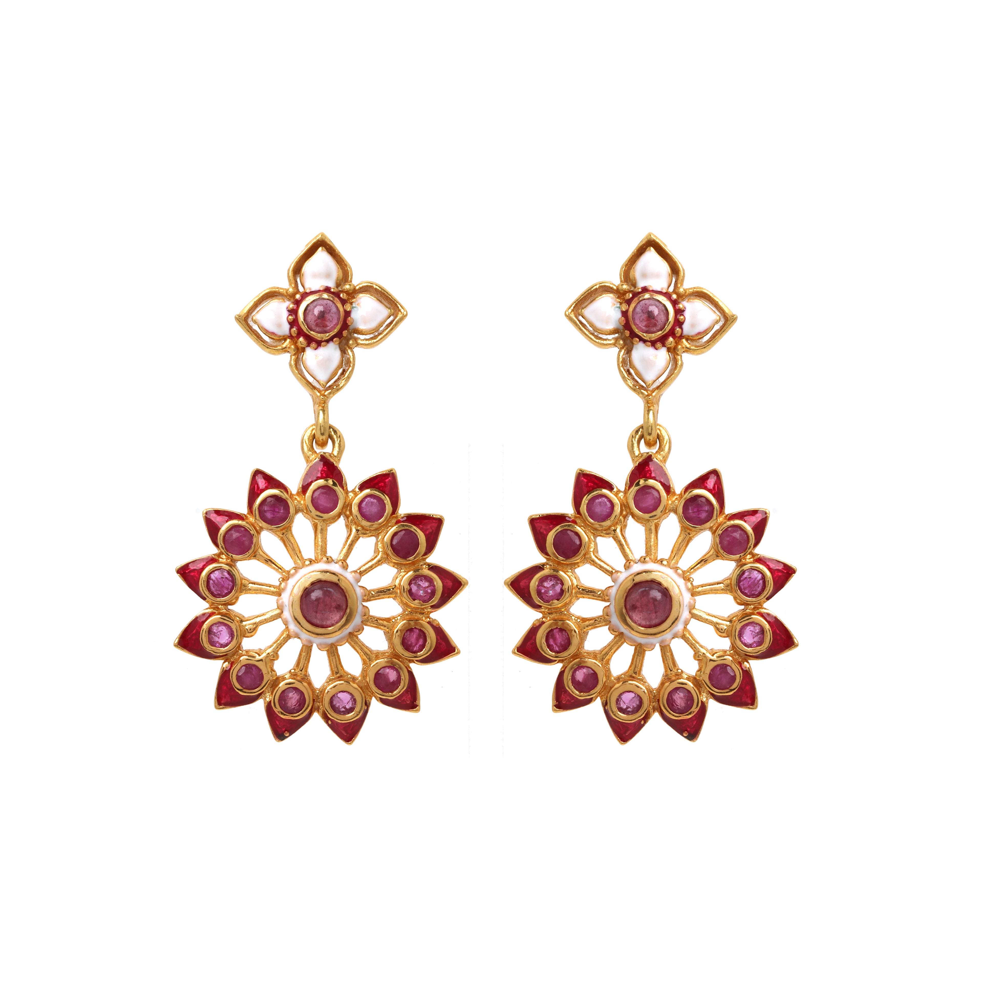 Natural ruby floral drop earrings in gold plated sterling silver