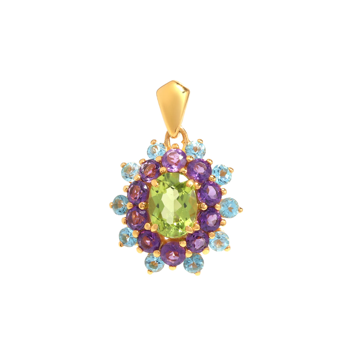 Peridot, Amethyst & Blue Topaz Flower Cluster Pendant in 925 Sterling Silver