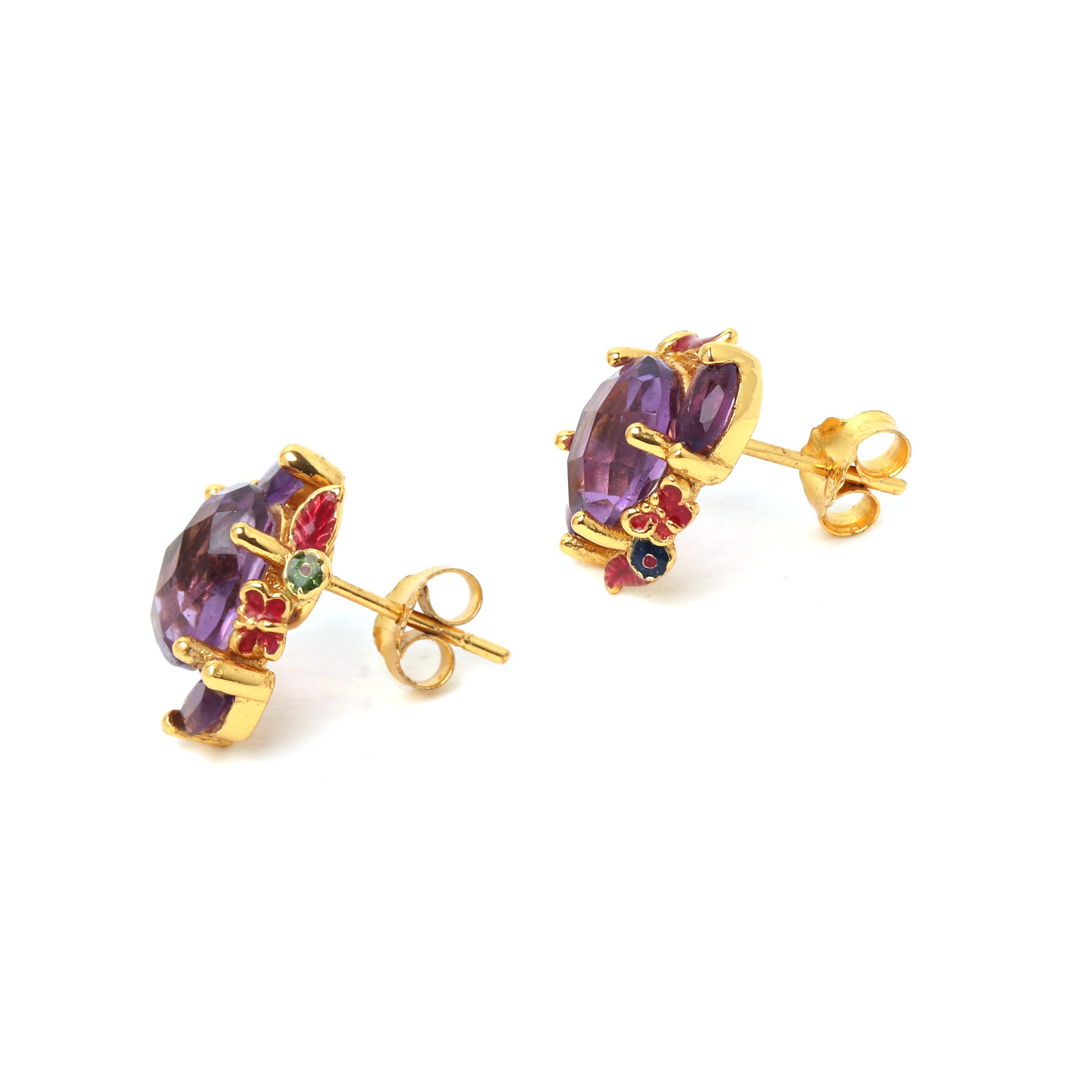 Purple amethyst gemstone earrings with red and green accents