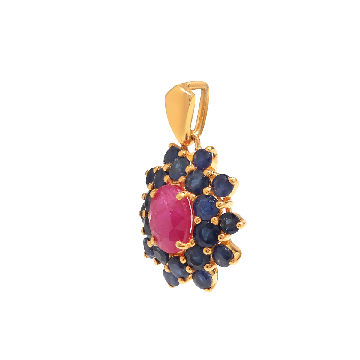 Ruby & Blue Sapphire Flower Cluster Pendant in 18K Gold-Plated Sterling Silver