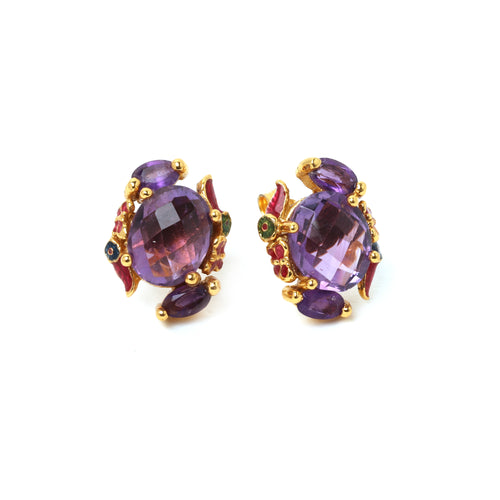 Natural amethyst stud earrings in 18K gold plated sterling silver