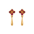Gold earrings with red gemstones and teardrop dangles, elegant handcrafted jewelry design