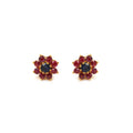 Floral sapphire and ruby stud earrings in 14K gold plated sterling silver