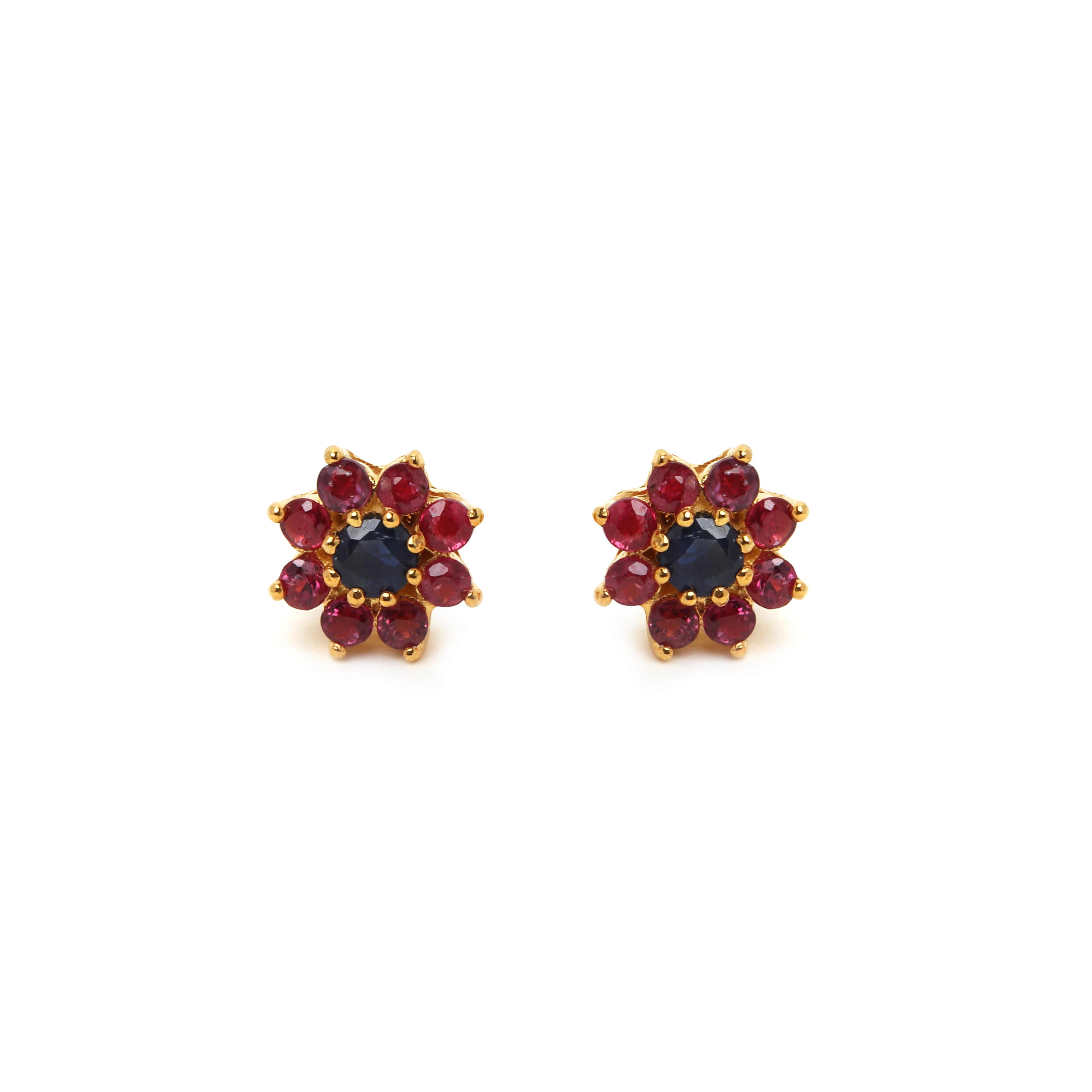 Floral sapphire and ruby stud earrings in 14K gold plated sterling silver