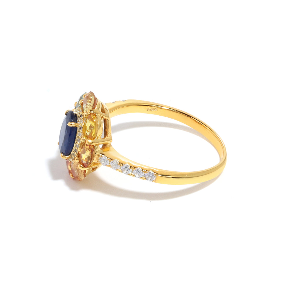 Blue Sapphire & Rainbow Sapphire Flower Halo Ring in 18K Gold-Plated Sterling Silver