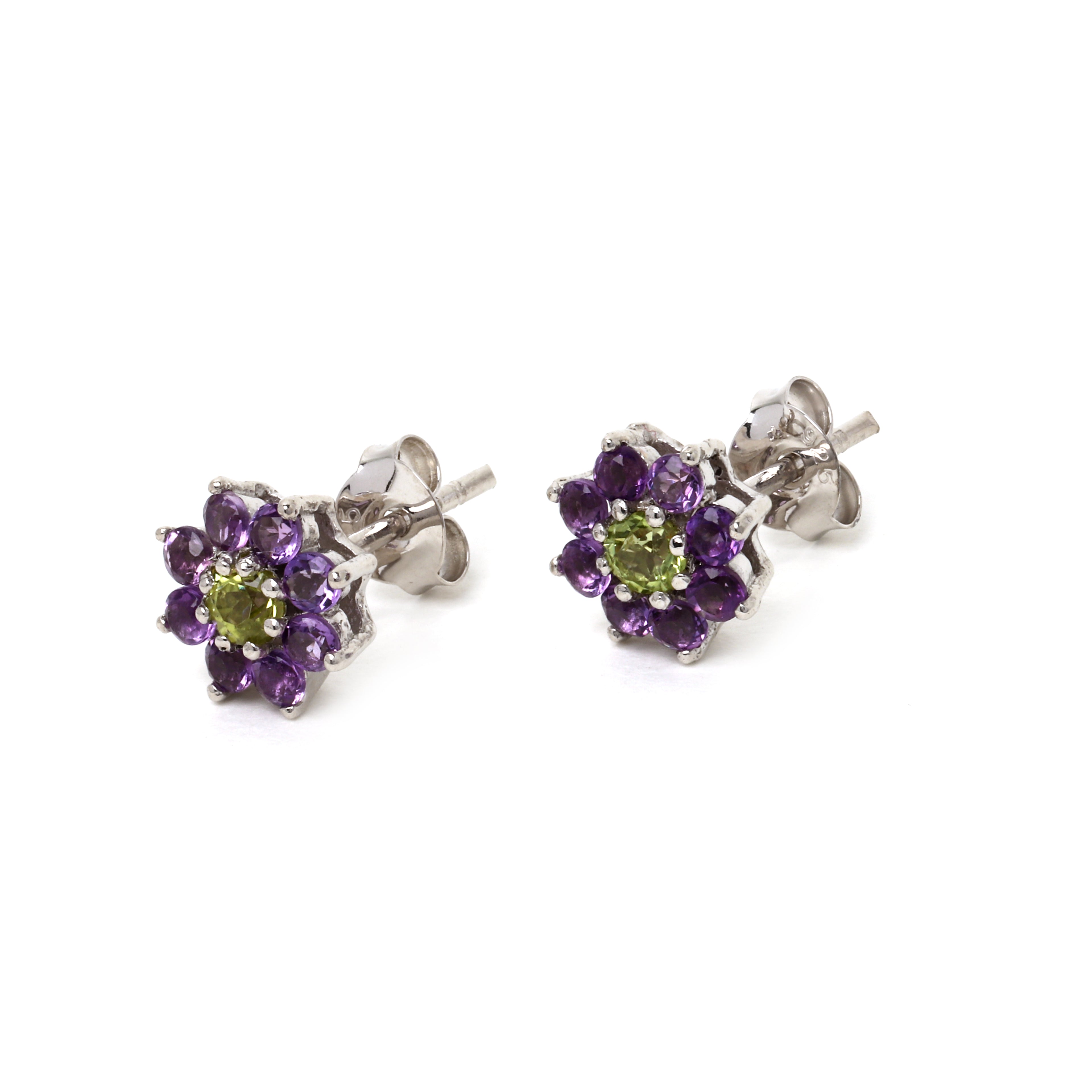 Green peridot center earrings with purple amethyst gemstone accents