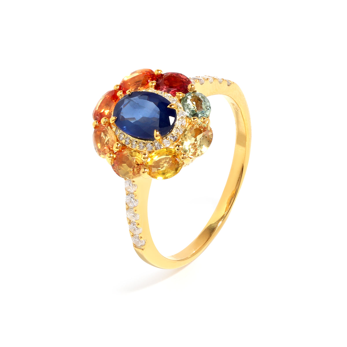 Blue Sapphire & Rainbow Sapphire Flower Halo Ring in 18K Gold-Plated Sterling Silver