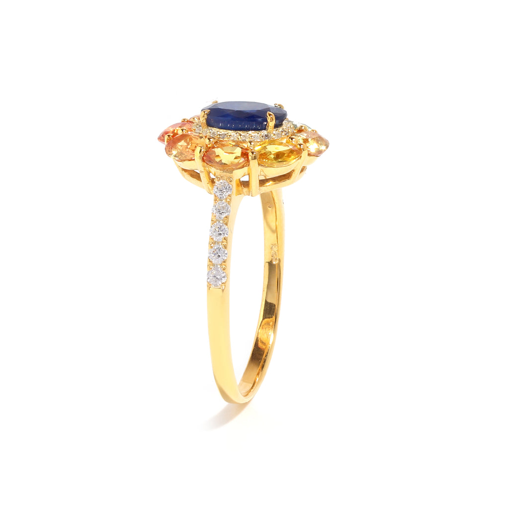 Blue Sapphire & Rainbow Sapphire Flower Halo Ring in 18K Gold-Plated Sterling Silver