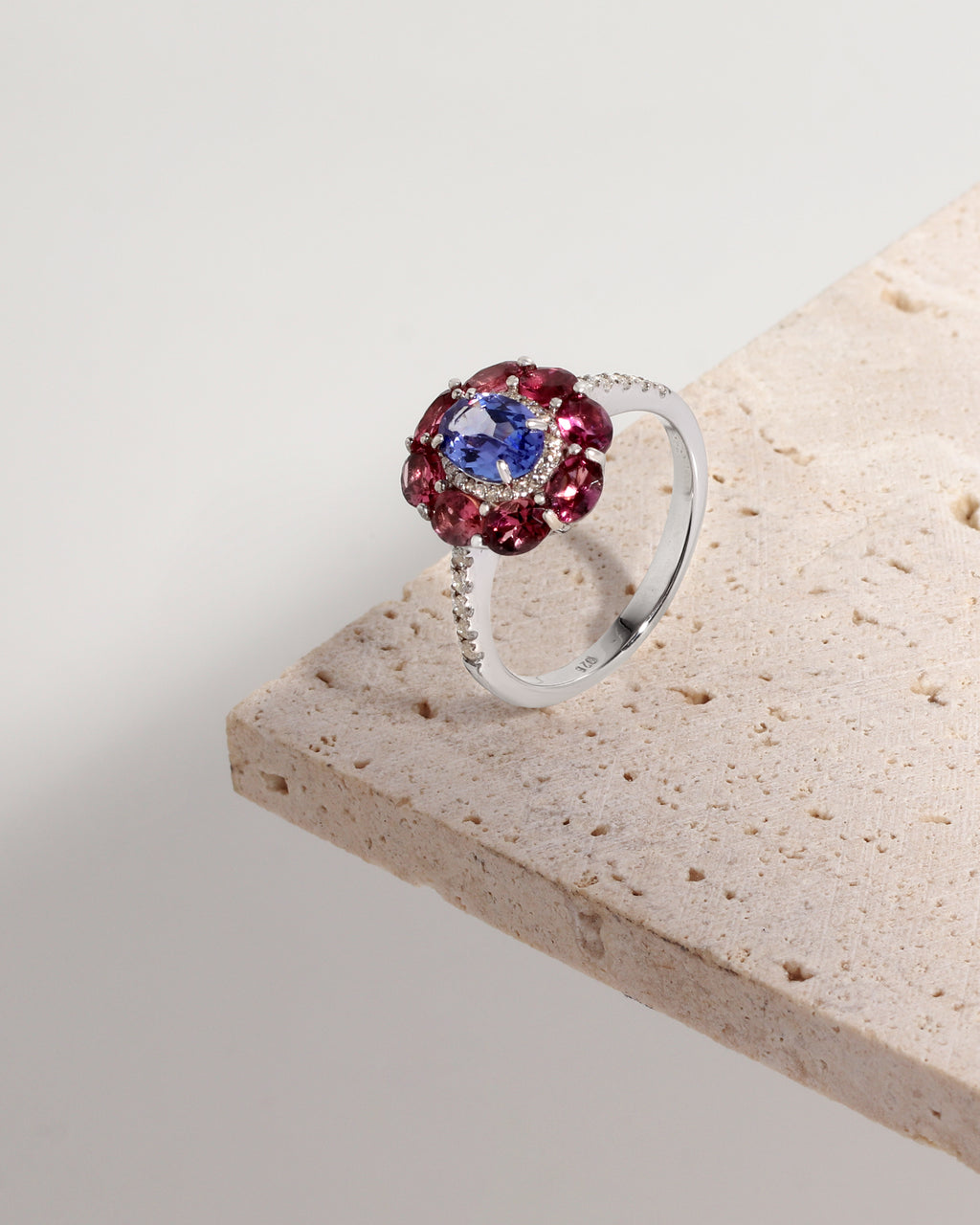 Tanzanite & Pink Tourmaline Floral Ring in 925 Sterling Silver