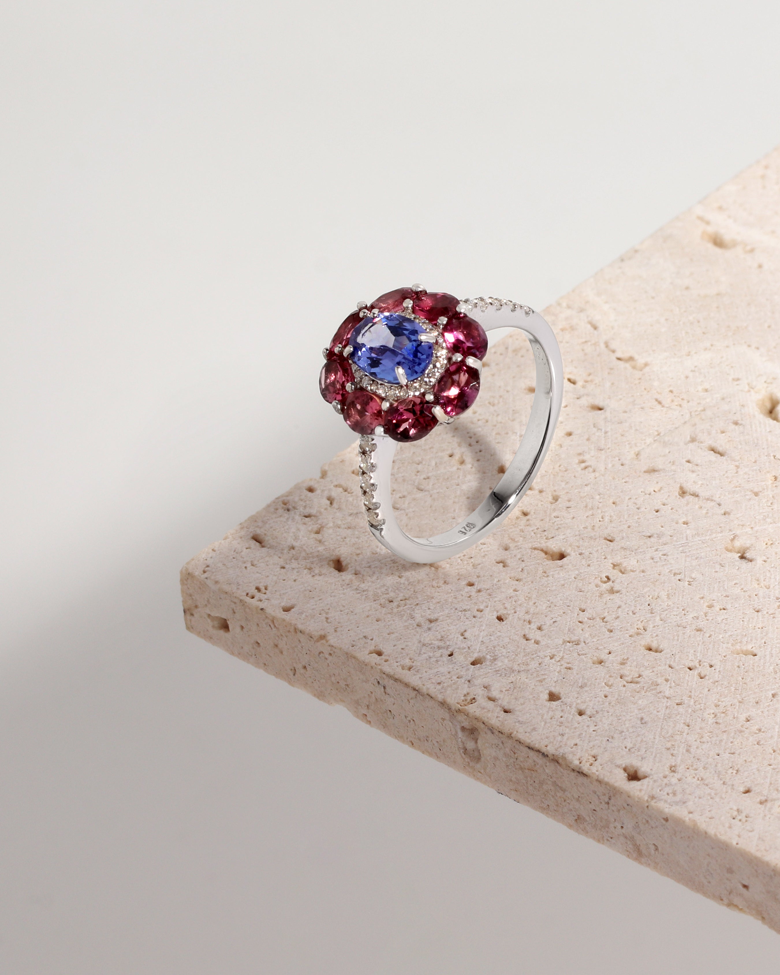 Tanzanite & Pink Tourmaline Floral Ring in 925 Sterling Silver