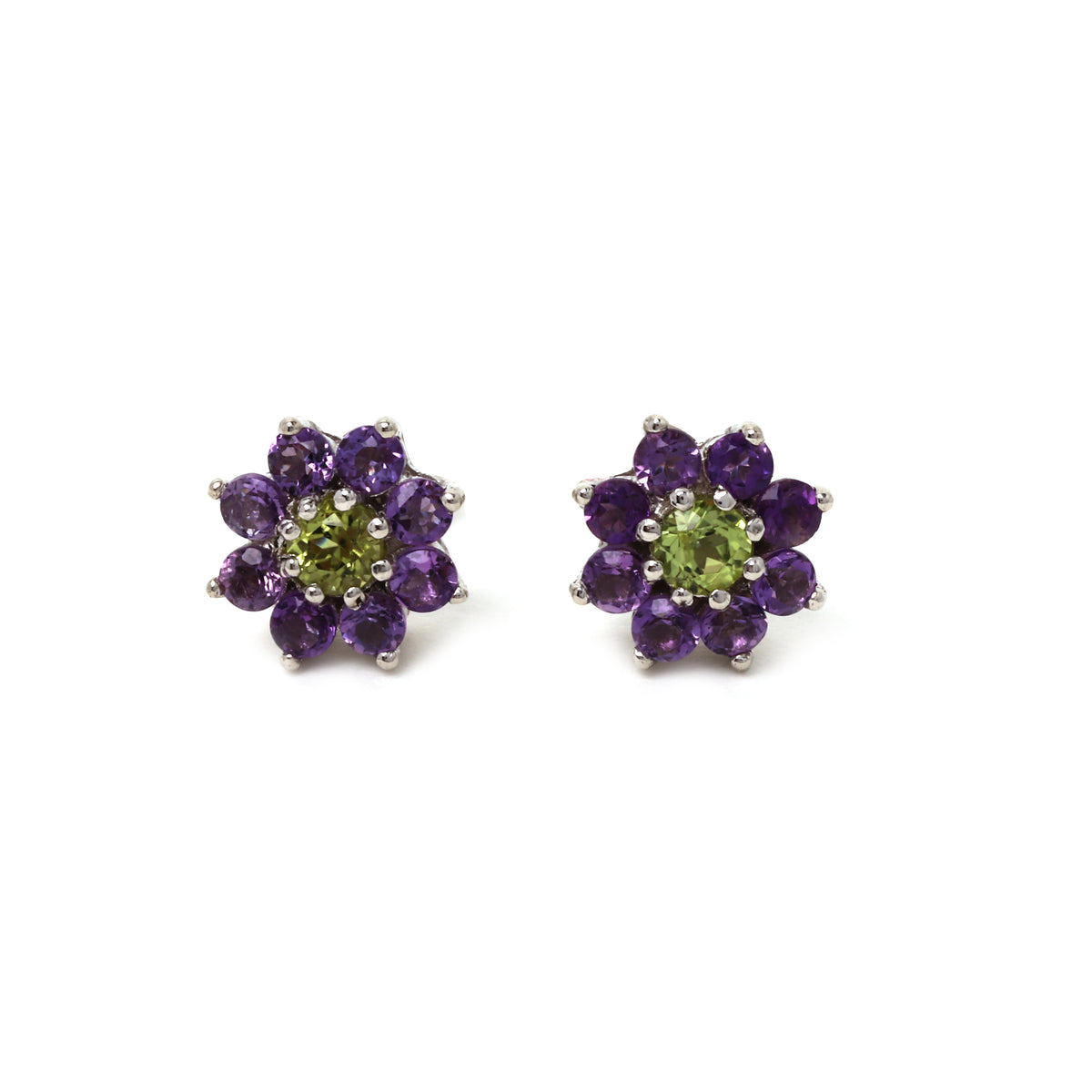 Peridot & Amethyst Floral Stud Earrings in 18K Gold