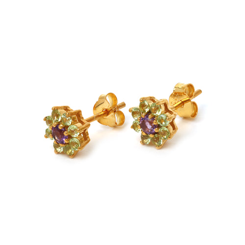 Purple amethyst center earrings with green peridot gemstone petals