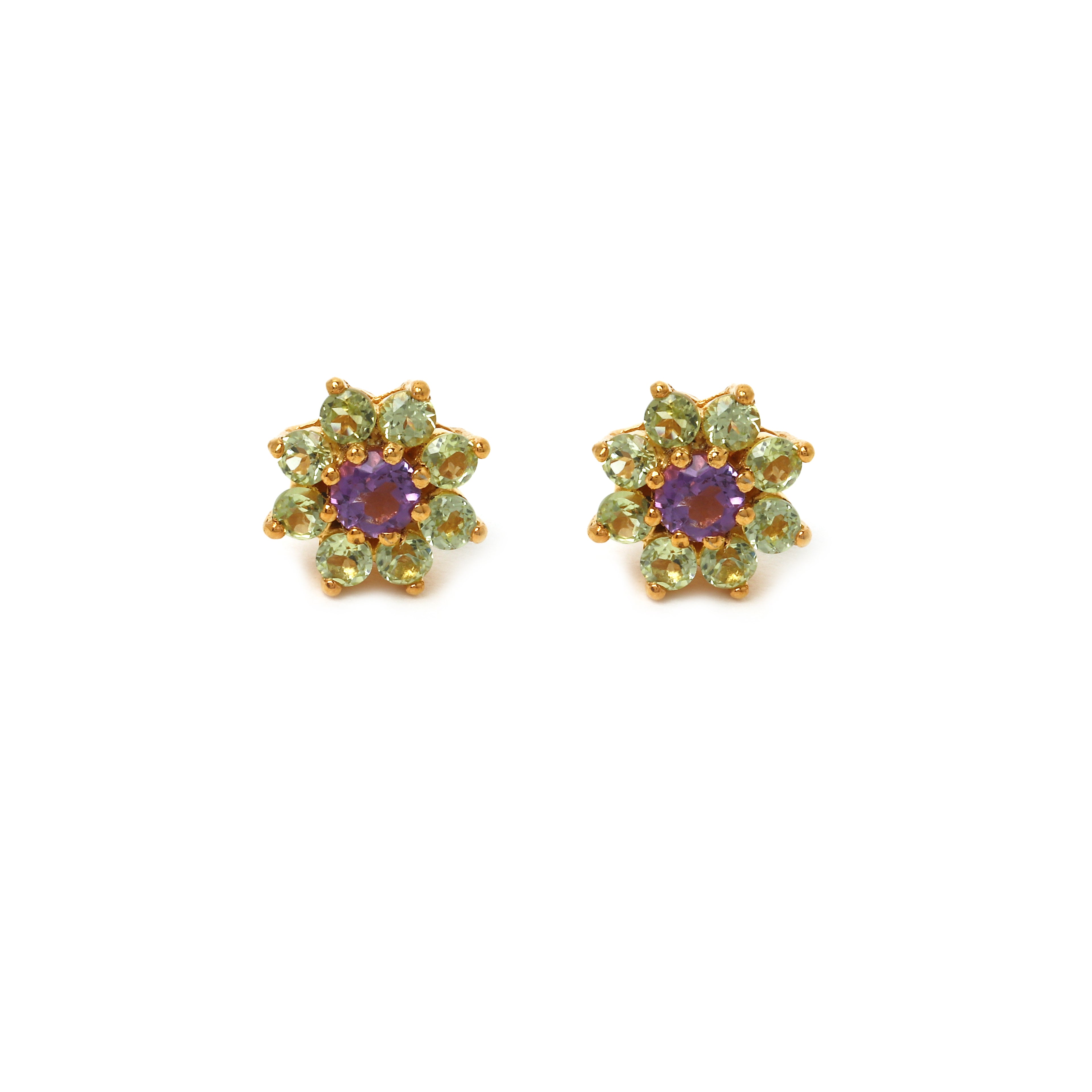 Amethyst & Peridot Floral Stud Earrings in 925 Sterling Silver