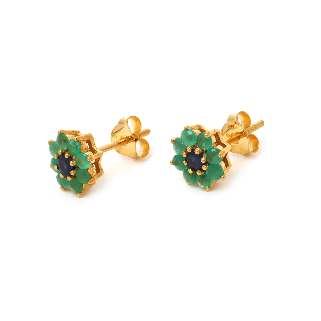 Emerald flower earrings with blue sapphire center gemstone