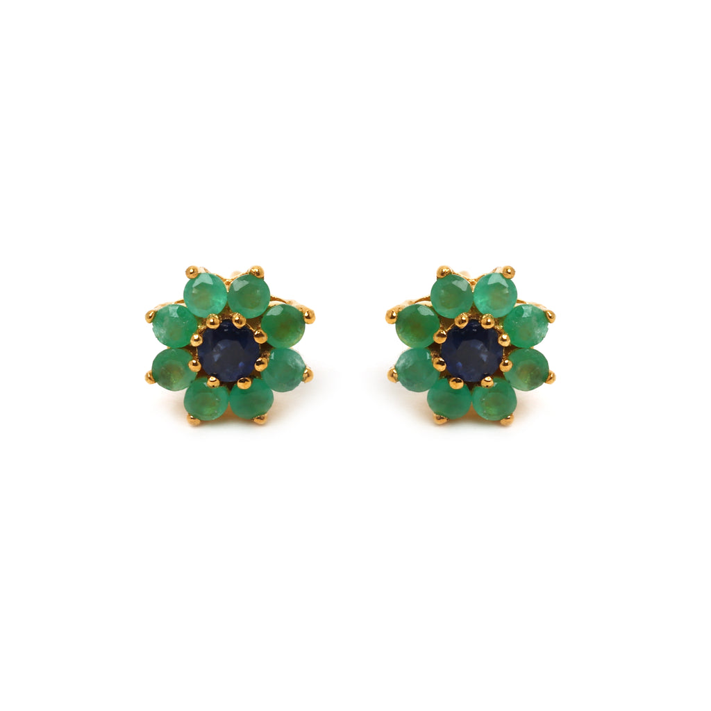 Sapphire and emerald floral stud earrings in 14K gold plated sterling silver