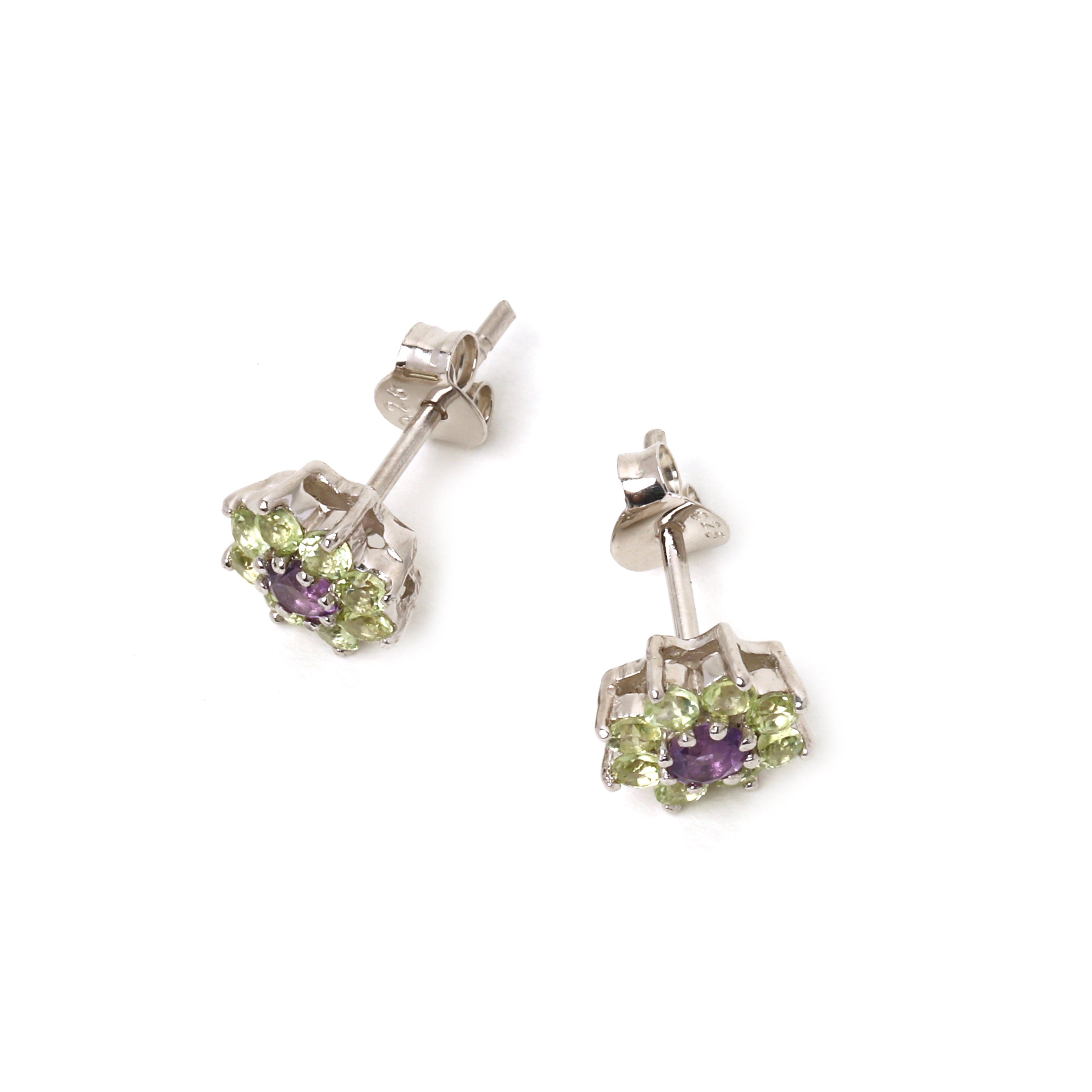 Amethyst and peridot floral stud earrings in 925 sterling silver