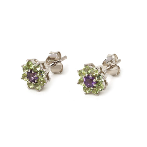 Purple amethyst center earrings with green peridot gemstone accents