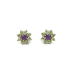 Floral stud earrings with purple amethyst center and green peridot petals in sterling silver
