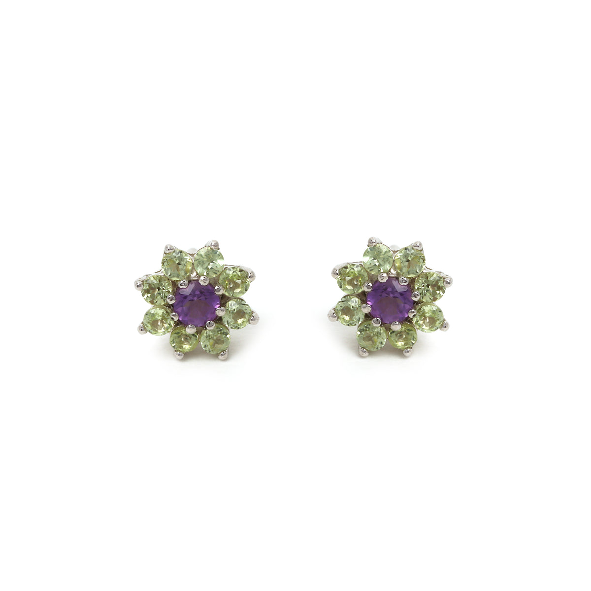 Amethyst & Peridot Floral Stud Earrings in 18K Gold