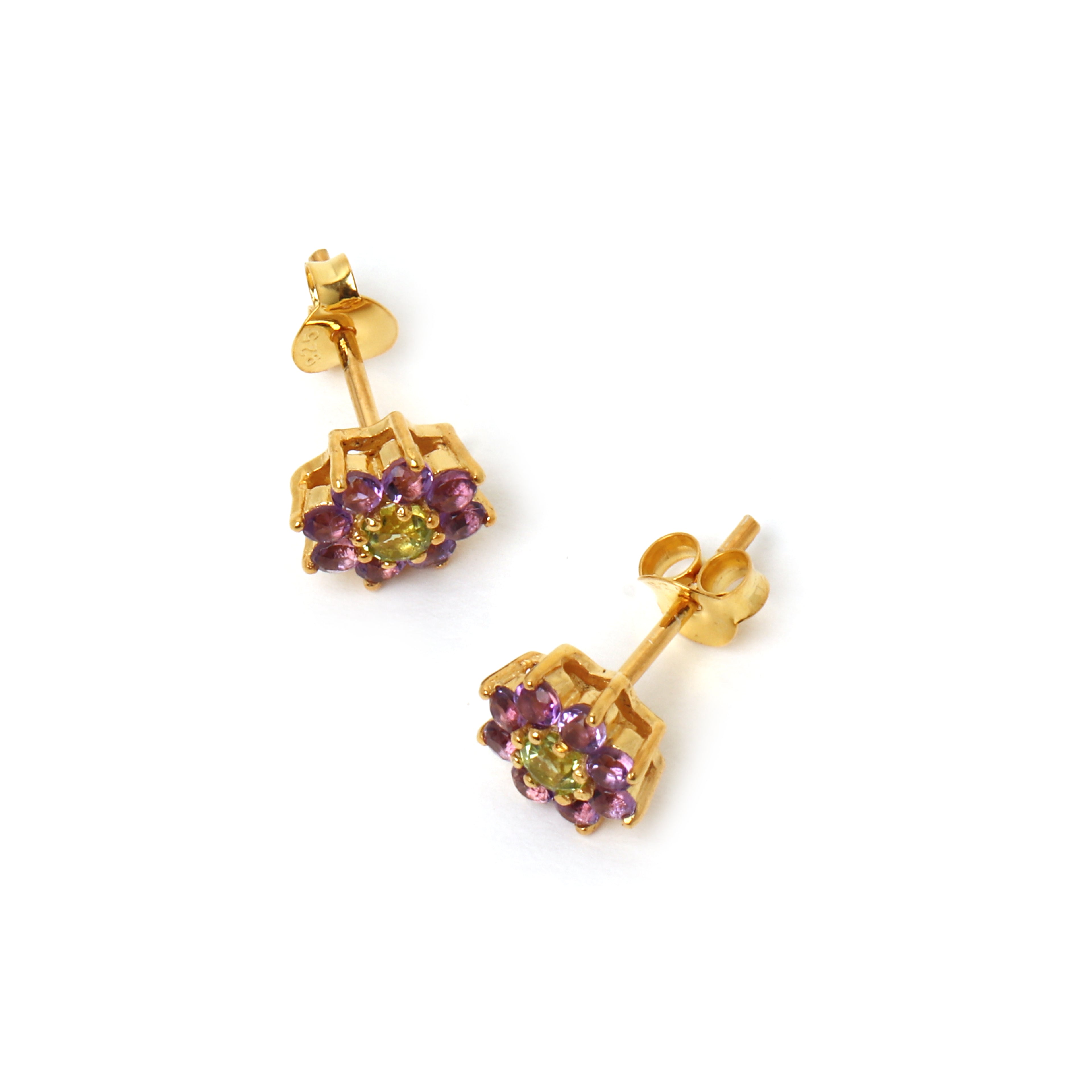 Gold plated floral gemstone earrings handcrafted in Thailand
