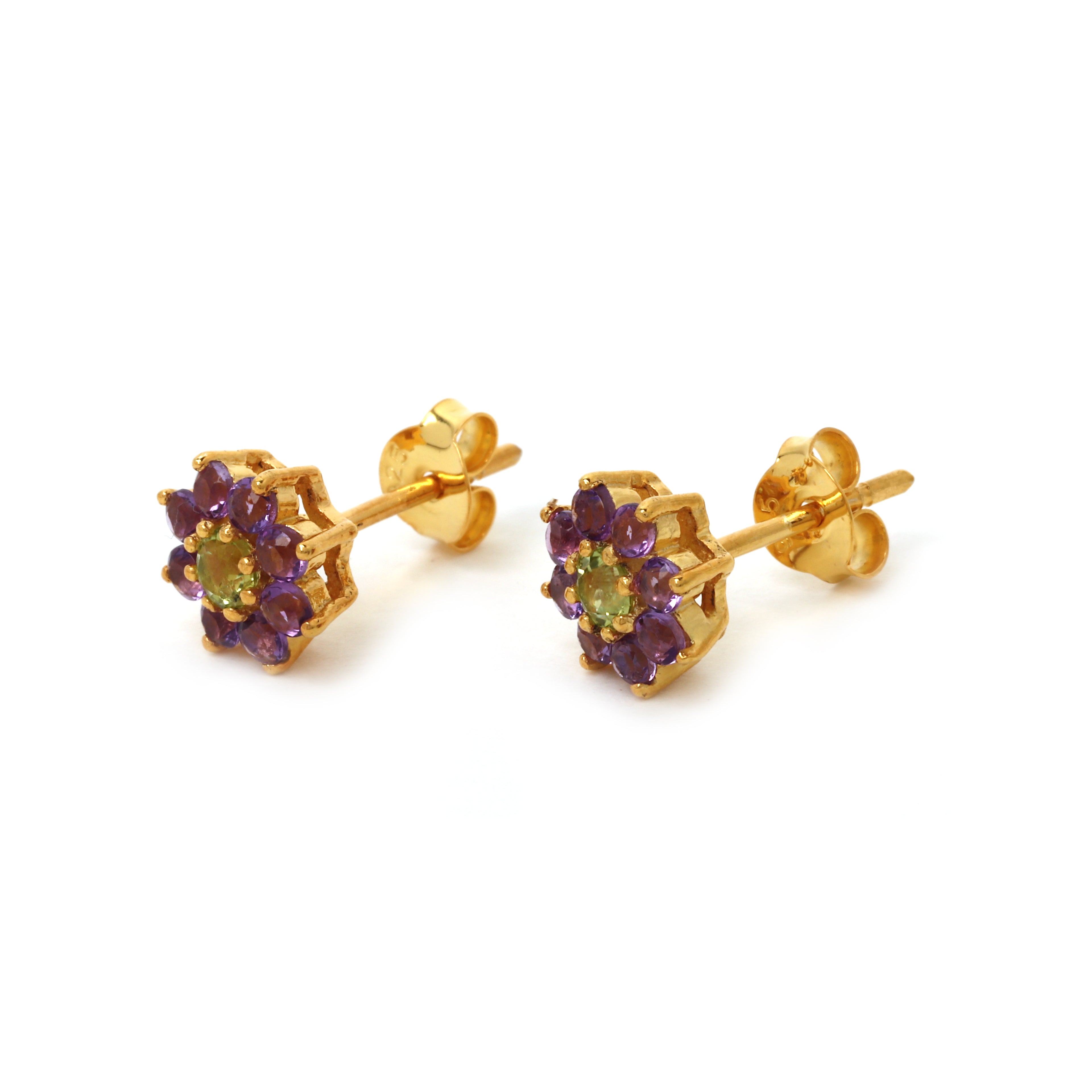 Green peridot center earrings with purple amethyst gemstone accents